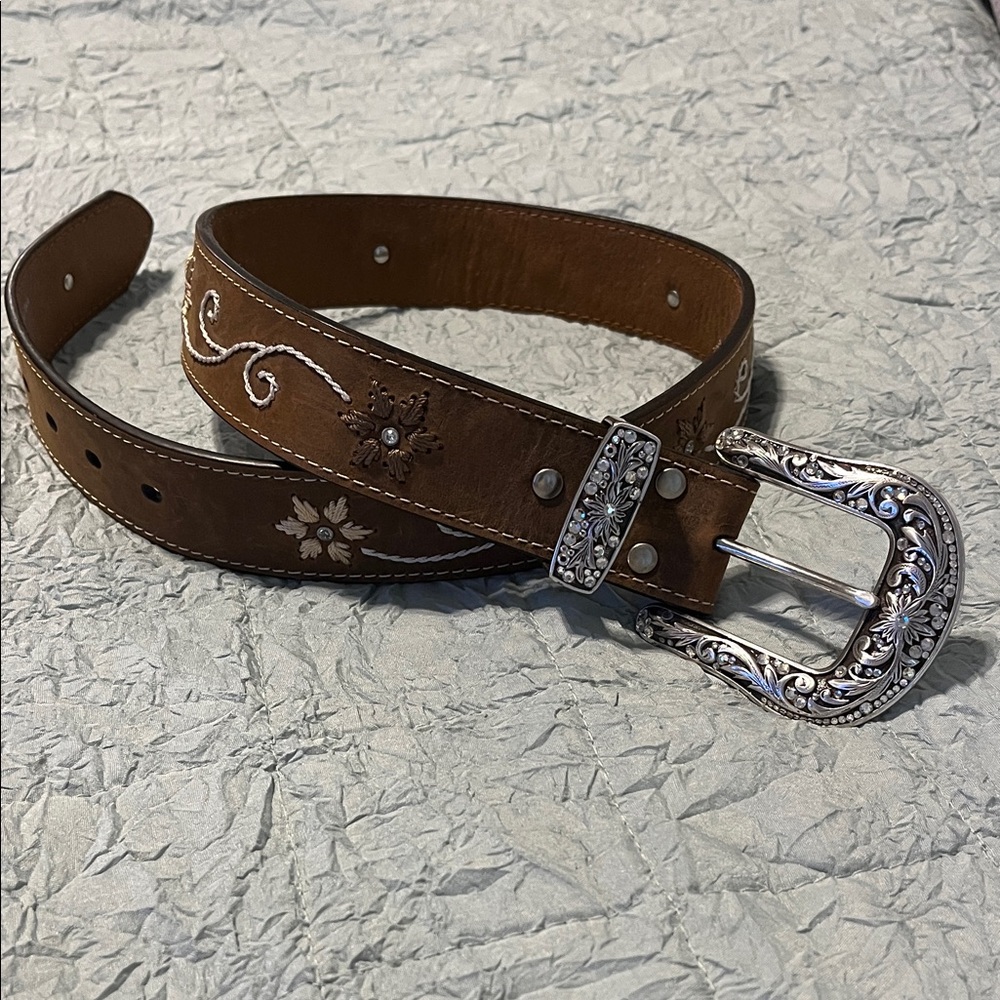 Floral Embroidered Brown Leather Belt with Ornate Silver Buckle